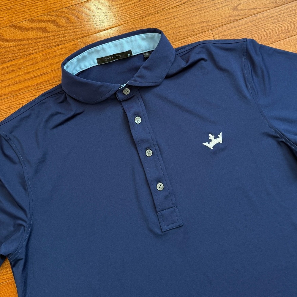 Greyson Golf Performance Polo Shirt Mens Medium Blue Crown Logo Stretch Active